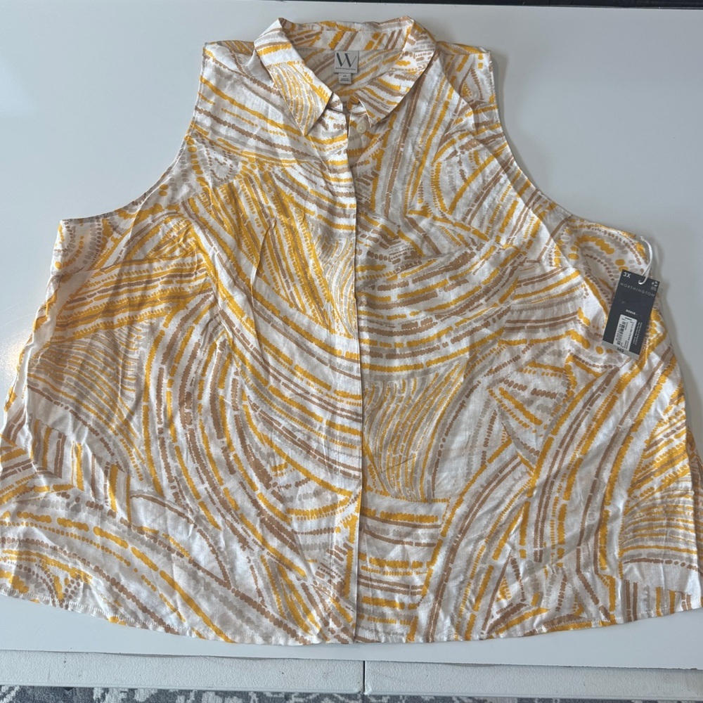 Worthington Yellow and White Button Down Sleeveless Shirt